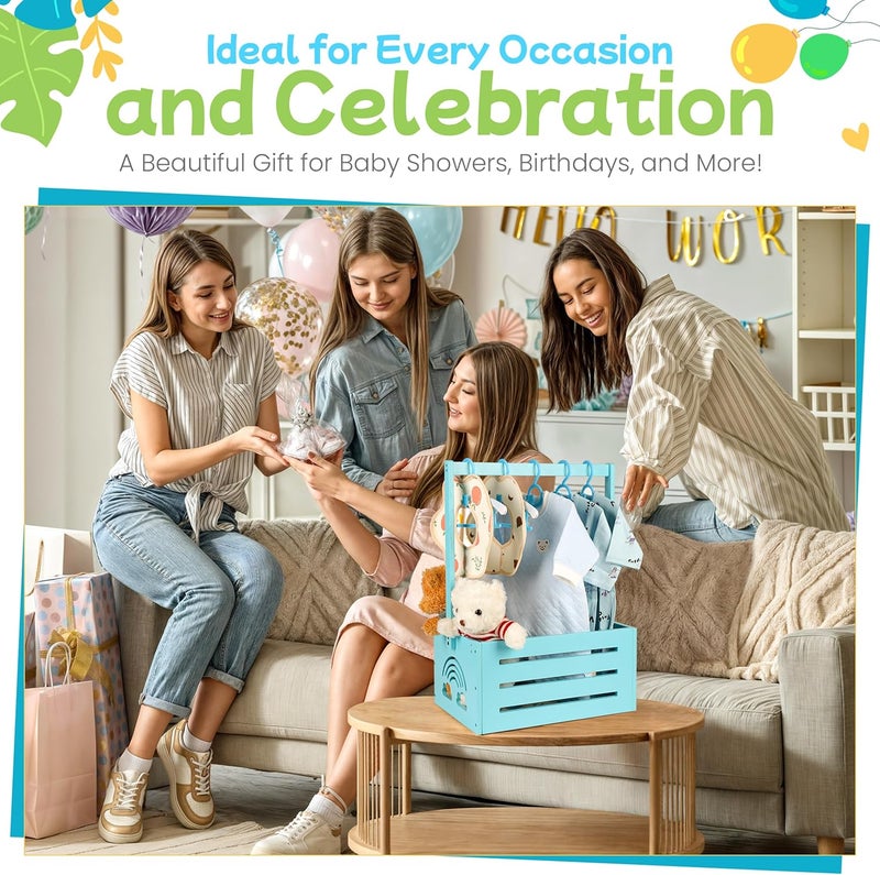 Lavuash Wooden Baby Shower Crate Closet – with Handle, Smooth Surface & Round Edges – Textured Natural Wood - New Born Welcome Gift Hamper for Boys & Girls - Pregnancy Gifts for New Parents (Baby Blue) - Image 2